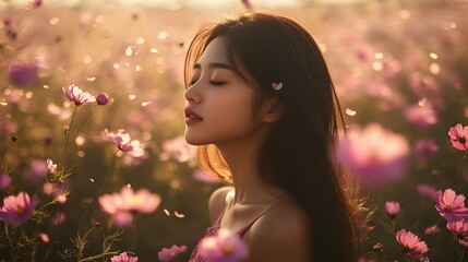 Fototapeta premium Portrait image of an asian woman walking into a beautiful Cutter flower field. 