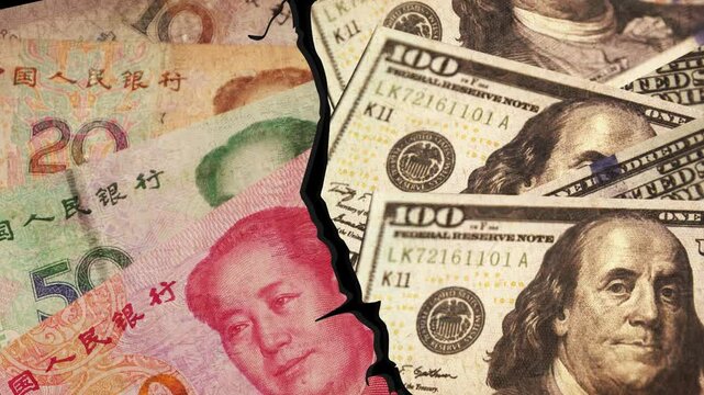 Yuan vs Dollar international currency competition concept 4k with line in the center. USA and China currency concept footage backdrop