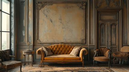 Fototapeta premium A luxurious living room with an ornate couch, two chairs, and a large window, all in a classic design with rich, warm colors.