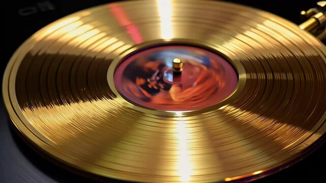 A realistic seamless looping 3D animation gold record adorned moving colorful bokeh lights label rendered ultra high definition stylish motion background various projects three dimensional album