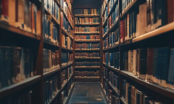A narrow aisle in a library lined with old books.