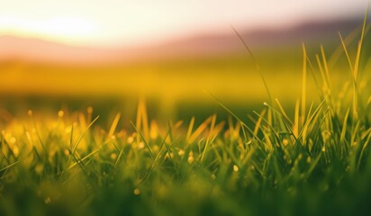 a close up of a grassy field with a sunset in the background