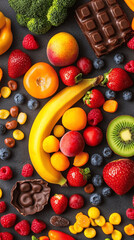 A colorful and delicious mix of fruits candy and chocolate