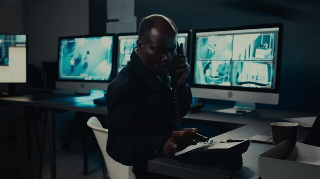 Medium shot of African American security officer sitting in control room of hotel or business centre, observing CCTV camera footage, calling supervisor on landline phone to report suspicious incident