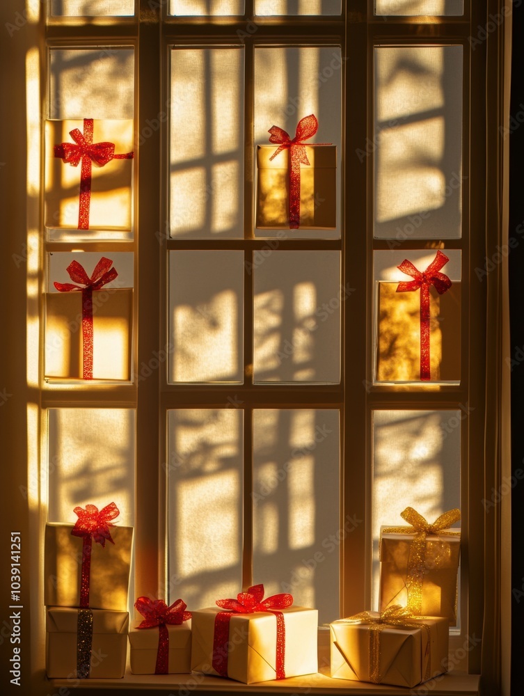 Aufkleber silhouettes of elegantly wrapped gift boxes with bows adorn a soft light backdrop, inviting a festiv