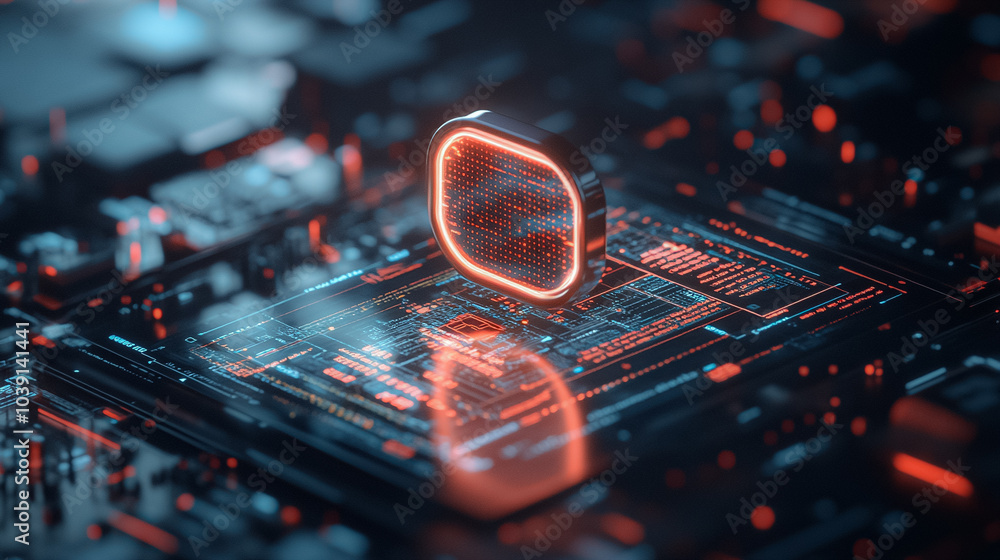 Poster a computer chip with a red glowing symbol on it