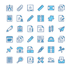 Stationery icons. Outline symbols. Vector blue line icons set