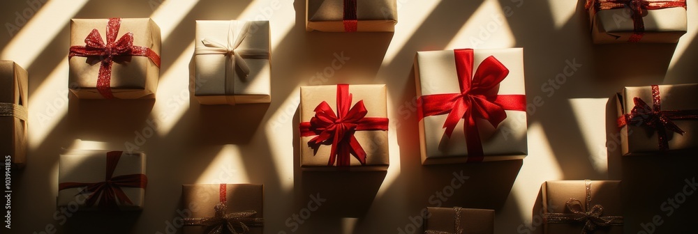 Poster wrapped gift boxes with decorative bows are arranged against a light background, creating a warm and