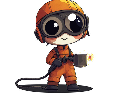 recommend clip art: A cute cartoon character wearing an orange jumpsuit and welding goggles, holding a welding torch with sparks flying out.