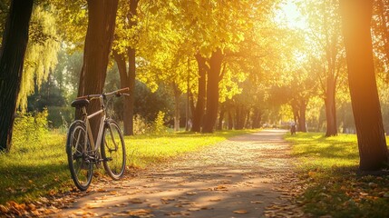 Fototapeta premium A bicycle rests by a path in a sun-drenched park, with autumn leaves scattered on the ground.