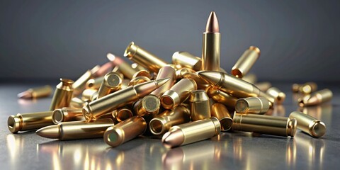 Naklejka premium Realistic rendered 5 Grenel bullets falling on floor into a pile, ammunition, bullets, gun, firearms