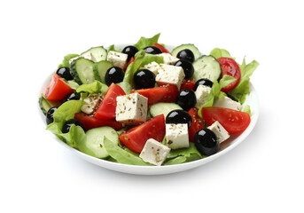 Delicious salad with feta cheese isolated on white