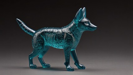 Fototapeta premium A blue glass figurine of a dog, standing on a dark background.