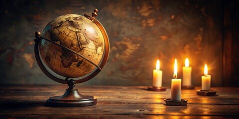 Vintage globe illuminated by candlelight on wooden table, capturing exploration and curiosity , vintage