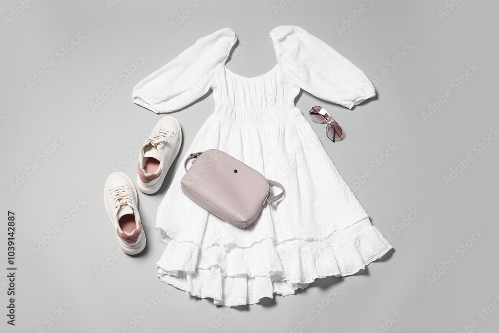 Sticker Stylish outfit with bag on light grey background, flat lay