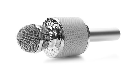 One silver karaoke microphone isolated on white