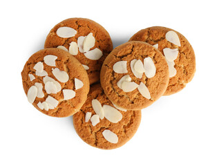 Tasty cookies with almond flakes isolated on white, top view