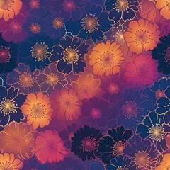Translucent floral pattern with vibrant hues, seamless design