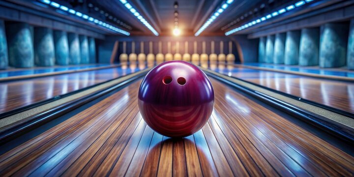 Bowling ball rolling down the lane in a bowling alley , sports, recreation, strike, pins, competition, fun