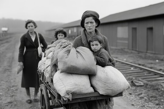 Stark portrayal - black and white depiction of Great Depression's drama, capturing intense hardship, emotional struggles, bleak realities of turbulent era through striking contrasts, powerful imagery.
