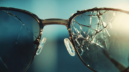 Damaged sunglasses with shattered lens detailed view