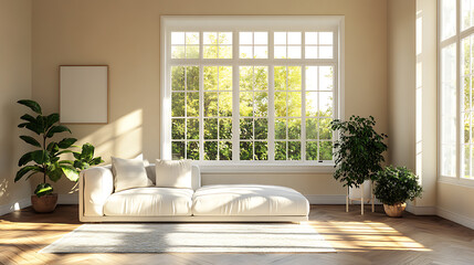Sunlight streams through a large window, illuminating a spacious living room with a white sofa and green plants.