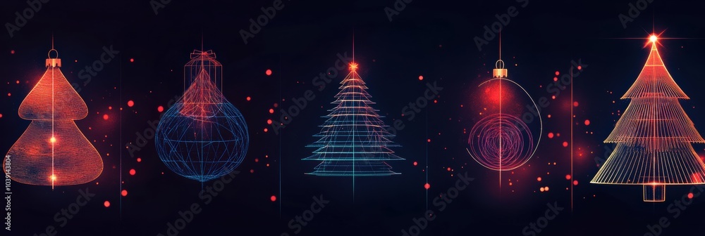 Poster Glowing lines create minimalistic trees and ornaments, illuminating the dark background with a festive holiday theme. Generative AI