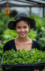 portrait of a young woman holding a basket of vegetables