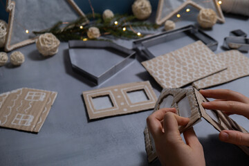 Cardboard Lantern handmade house Storytelling creating craft Christmas holiday decoration. Tactile...