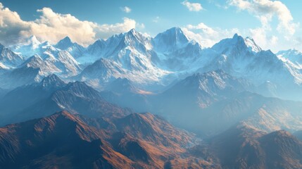 Majestic mountain landscape with snow-capped peaks and valleys.