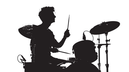  A man playing Drums silhouette isolated on white background