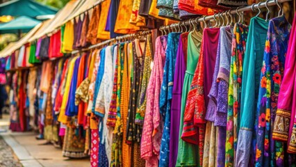 Colorful garments hanging at a bustling outdoor market, clothing, colorful, garments, marketplace, fashion, vibrant, display