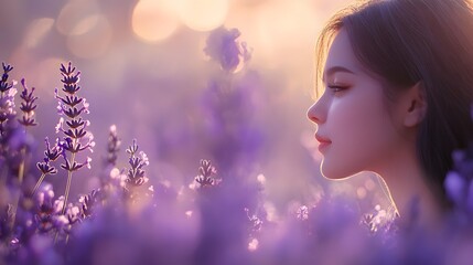 Fototapeta premium Dreamy woman with lavender flowers.