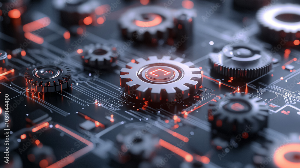 Poster a close up of a computer chip with many gears on it