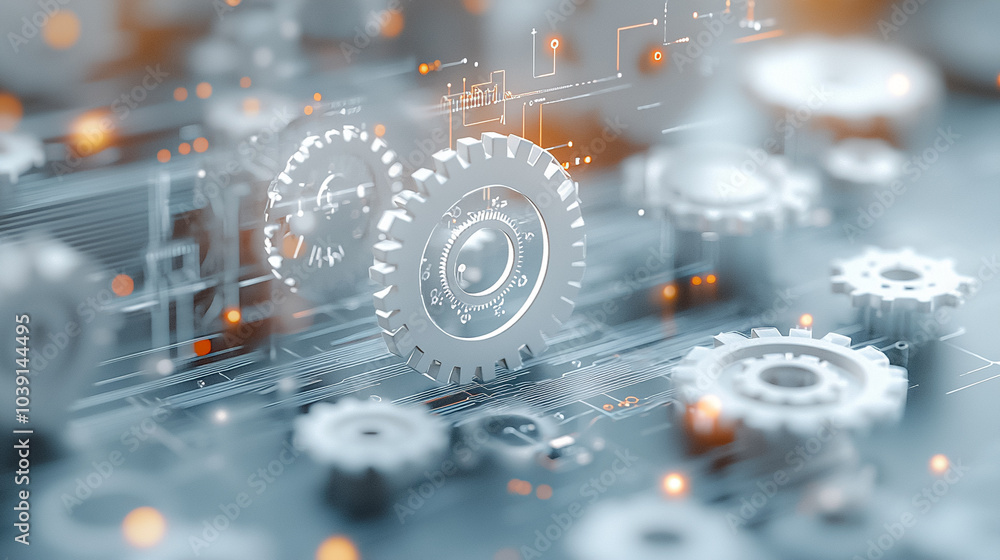 Poster a close up of a computer screen with many gears and a large gear in the center