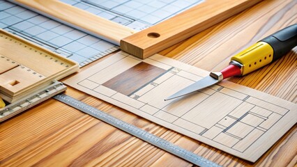 Fototapeta premium Close-up of a builder's table with linoleum, a knife, and a house plan for taking measurements, flooring