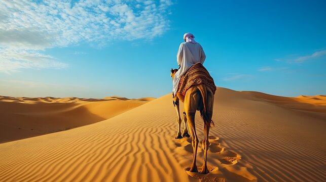 Saudi Arabian man riding a camel through golden desert dunes, showcasing traditional travel and cultural heritage under a clear blue sky.