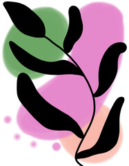 Poster decor with minimalist design elements in boho style, stones pink, green and peach. Wall art sheet, home decor, branch with leaves.  Abstract botanic vector illustration. Pattern abstract art.