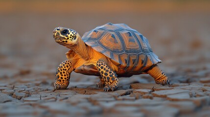 Obraz premium A tortoise walking on cracked earth, showcasing resilience in nature.