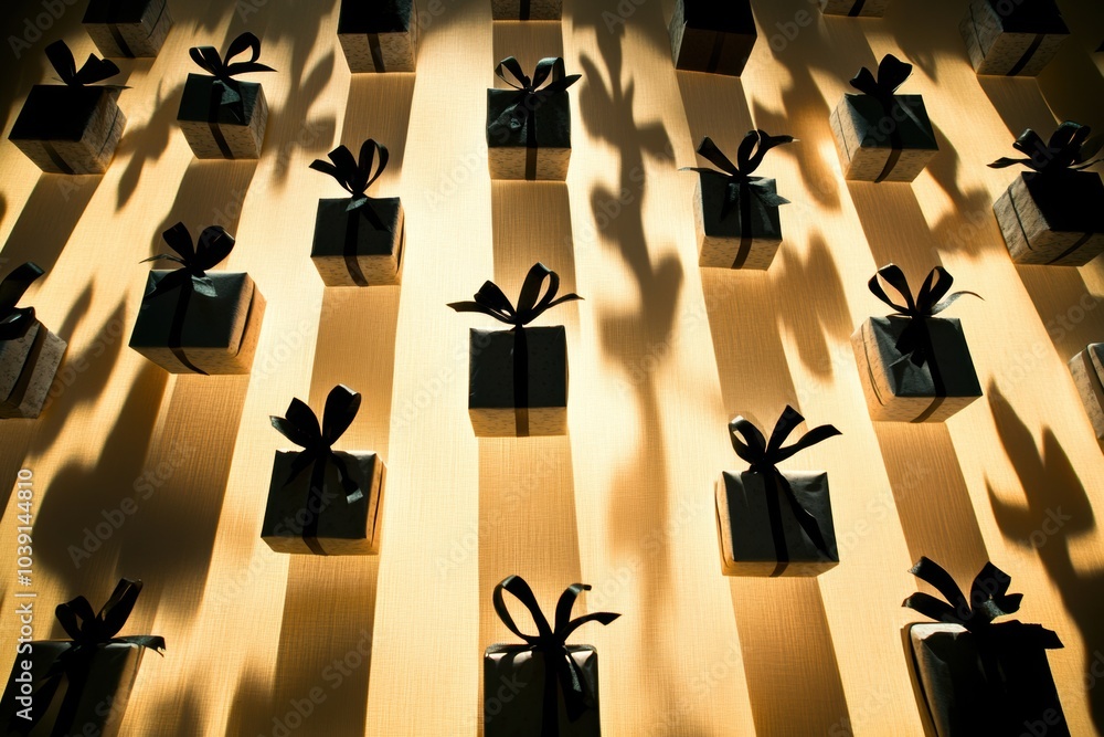 Fototapete silhouettes of neatly arranged gift boxes and bows create a striking visual effect against a softly 