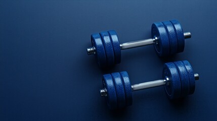 Obraz premium A dark blue background with dumbbells, top view, minimalistic style