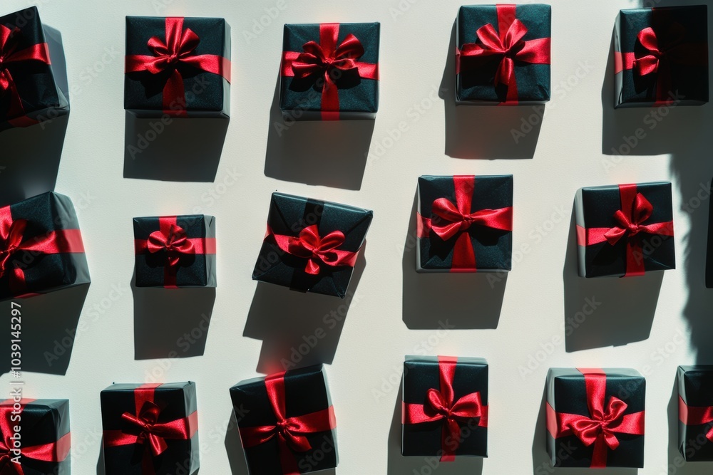 Poster a collection of neatly arranged black gift boxes adorned with red bows casts soft shadows against a 