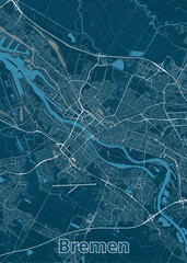 A detailed map of Bremen, Germany, rendered in a minimalist style. The map features a deep blue background with white lines representing roads and waterways.