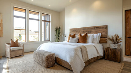 Fototapeta premium A modern bedroom with a large bed, a wicker chair, a wooden headboard, and large windows.