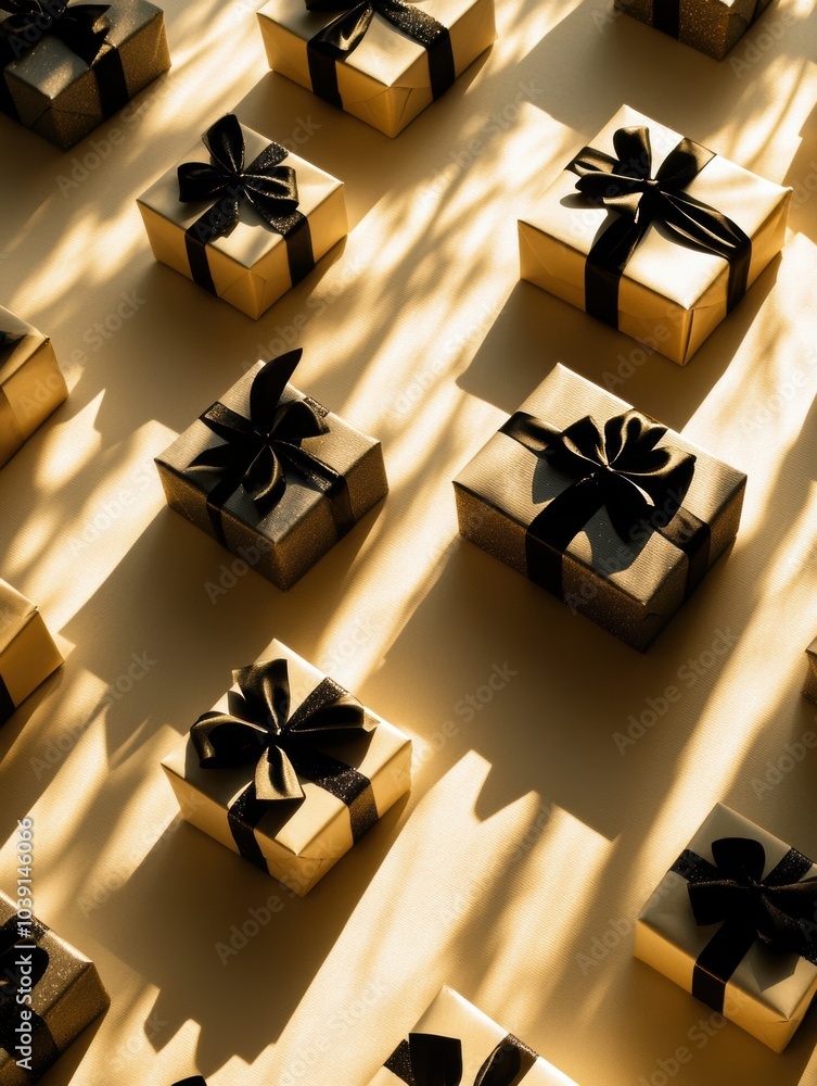 Poster An array of beautifully wrapped gift boxes with bows sits on a light background, creating a joyful and festive atmosphere. Generative AI
