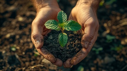 Gardener planting a young tree in soil with copy space for an environment and ecology concept, hands of a man holding a small plant.