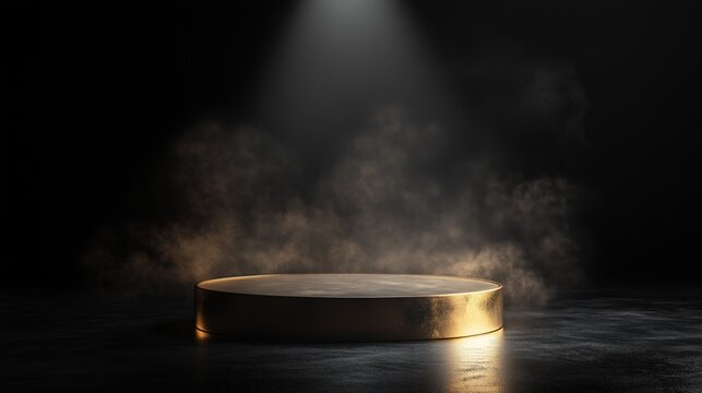 Gold podium pedestal on black background with smoke illuminated by spotlight. Mockup for product presentation