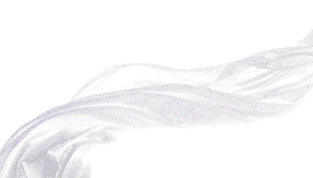 Purple violet glitter fabric flying in curve shape, Piece of textile Purple violet glitter fabric throw fall in air. Black background isolated, dark shading environment