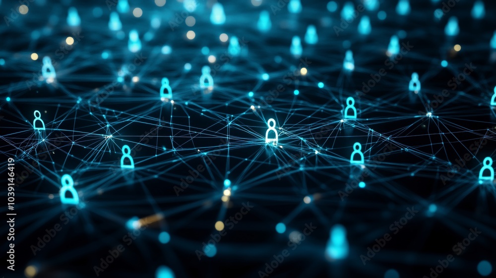 Poster sleek network of people interconnected on a dark background, with simple icons for each person and l