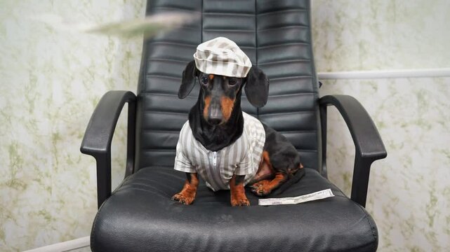 Dog, prisoner in striped robe, sits on chair, cash dollar bills are falling from above, rain of banknotes Helicopter money, illegal business, offshore companies, gray tax evasion schemes, infobusiness